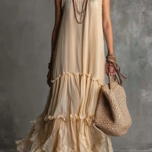 Solid Flowy Pleated Boho Maxi Dress