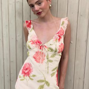 Floral Print Mesh V Neck Cami Midi Dress