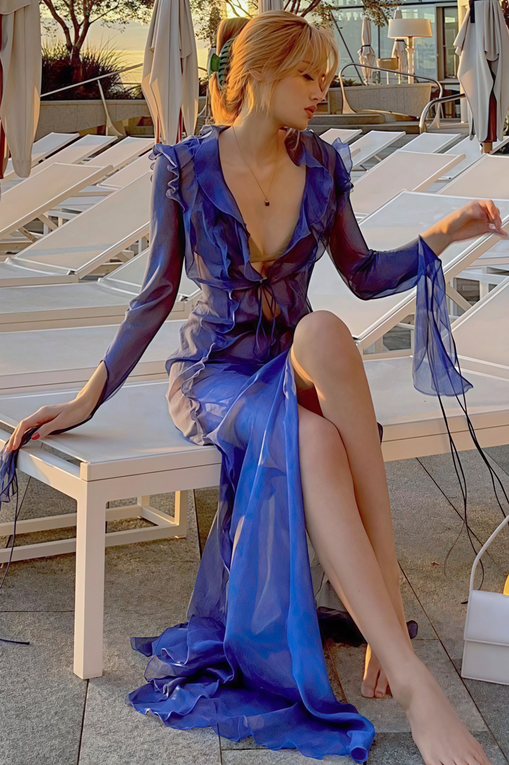 Gleaming Sheer V-Neck Neck Wrap Tie Slit Dress