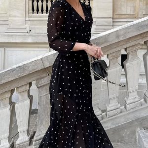V Neck Waist Long Sleeve High Slit Polka Dot Midi Dress