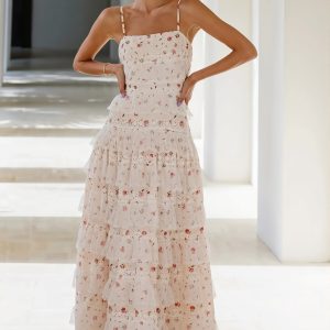 Lace Trim Print Tiered Ruffle Hem Cami Maxi Dress