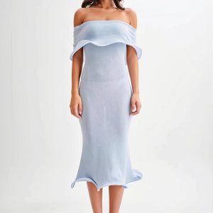 Draped Ruffle Off Shoulder Knit Midi Dress