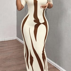Daily Commute Printed Short-Sleeve V-Neck Slim Maxi Dress