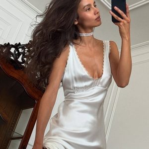 V Neck Backless Satin Lace Trim Waisted Midi Dress