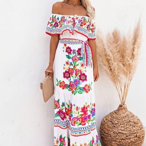 Ruffle Off-Shoulder Bright Long Boho Dress