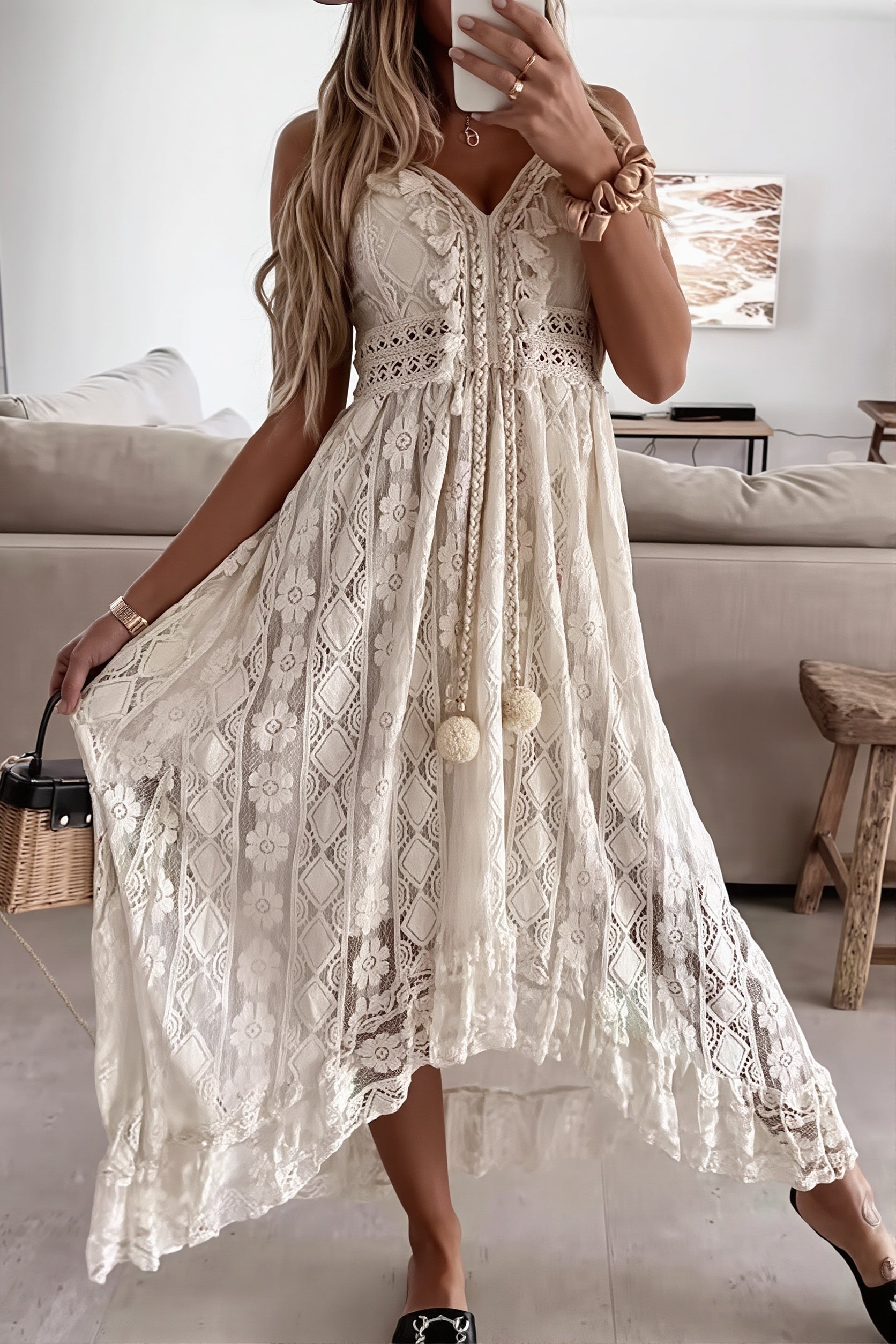 Lace Cami Solid Swing Long Boho Dress - Image 3